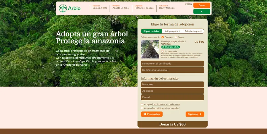 Página de adopción de árboles de Arbio Perú.
